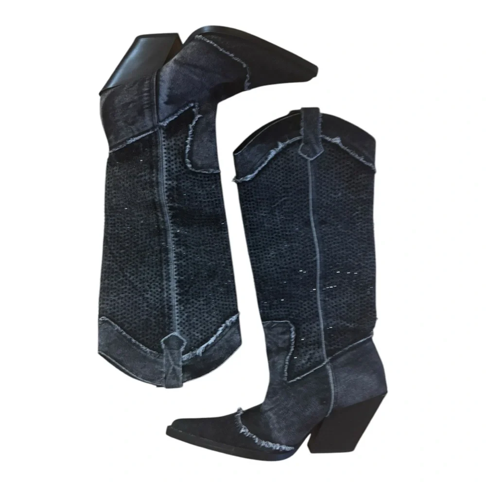 Zara Black Heeled Knee-High Western Boots - Picture 3 of 5